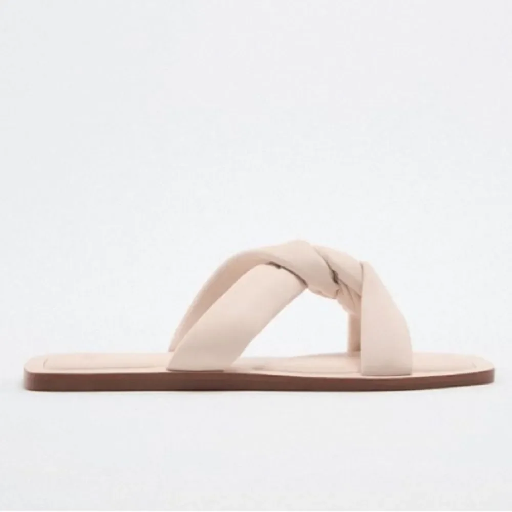 Zara Off White Crème Pink Flat Leather Sandals Shoes Size 8 - Picture 4 of 9